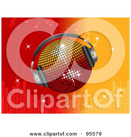 Royalty-Free (RF) Clipart Illustration of a Disco Ball Wearing Headphones Over A Red And Orange Equalizer Background by elaineitalia