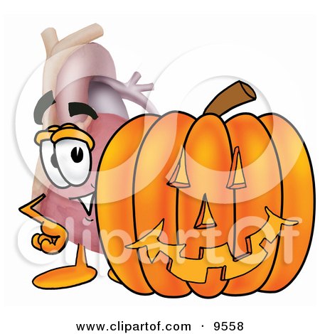 Clipart Picture of a Heart Organ Mascot Cartoon Character With a Carved Halloween Pumpkin by Mascot Junction