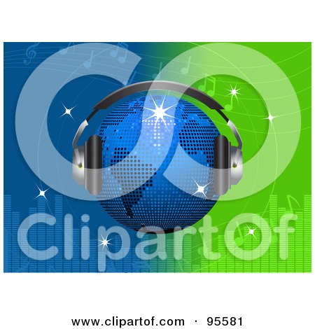 Royalty-Free (RF) Clipart Illustration of a Blue Disco Globe Wearing Headphones Over A Green And Blue Equalizer Background by elaineitalia