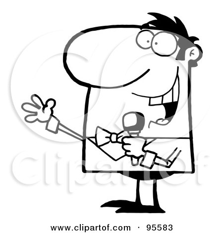 Royalty-Free (RF) Clipart Illustration of an Outlined Tv Show Host Using A Microphone by Hit Toon