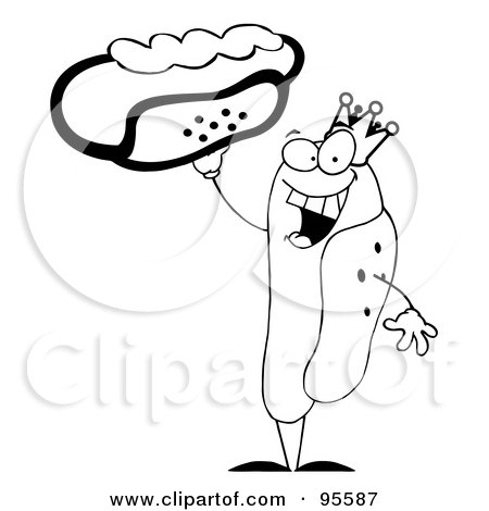 Royalty-Free (RF) Clipart Illustration of an Outlined King Hot Dog Holding Up A Garnished Hot Dog by Hit Toon