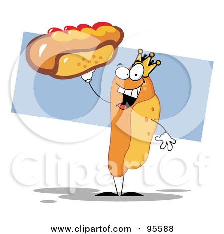 Royalty-Free (RF) Clipart Illustration of a Crowned Hot Dog Holding Up A Garnished Hot Dog by Hit Toon