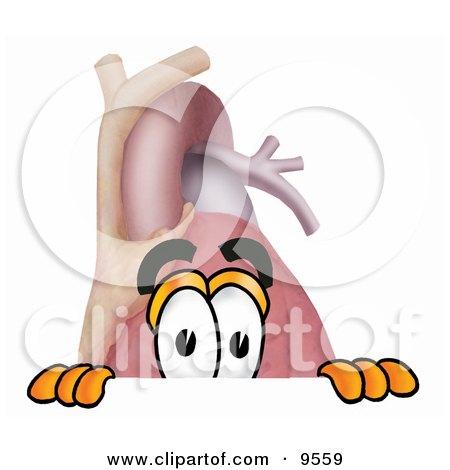 Clipart Picture of a Heart Organ Mascot Cartoon Character Peeking Over a Surface by Mascot Junction