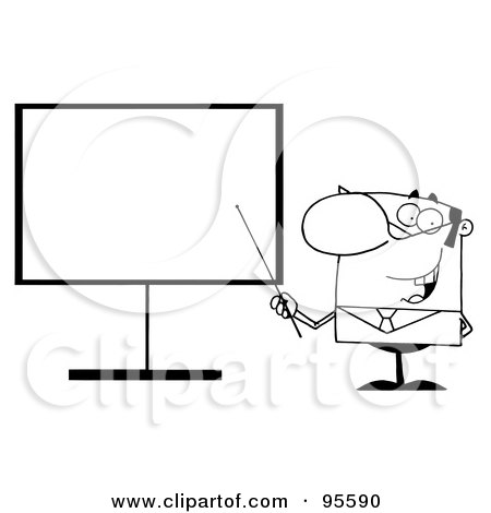 Royalty-Free (RF) Clipart Illustration of an Outlined Businessman Pointing A Stick At A Blank Board by Hit Toon