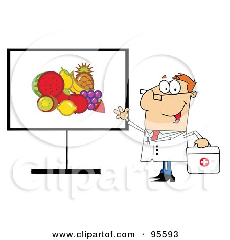 Royalty-Free (RF) Clipart Illustration of a Friendly Male Doctor Standing By Fruit On A Board by Hit Toon