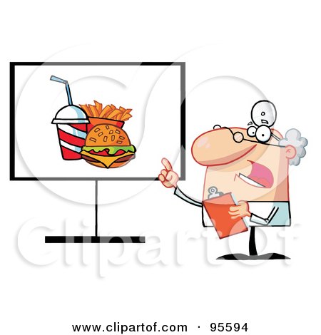 Royalty-Free (RF) Clipart Illustration of a Senior Doctor Talking And Pointing To Fast Food On A Board by Hit Toon