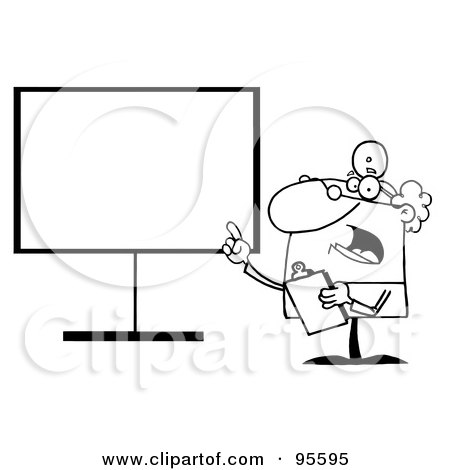 Royalty-Free (RF) Clipart Illustration of an Outlined Senior Doctor Talking And Pointing To A Blank Board by Hit Toon