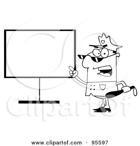 Royalty-Free (RF) Clipart Illustration of an Outlined Police Officer Shouting And Pointing To A Blank Sign by Hit Toon