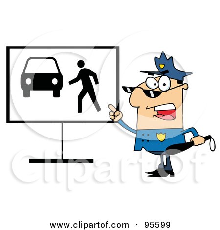 Royalty-Free (RF) Clipart Illustration of a Police Officer Shouting And Pointing To A Pedestrian Sign by Hit Toon