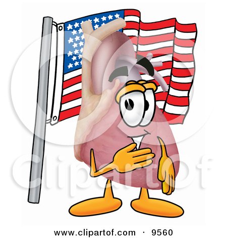 Clipart Picture of a Heart Organ Mascot Cartoon Character Pledging Allegiance to an American Flag by Mascot Junction