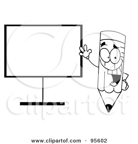 Royalty-Free (RF) Clipart Illustration of an Outlined Pencil Beside A Blank Board by Hit Toon