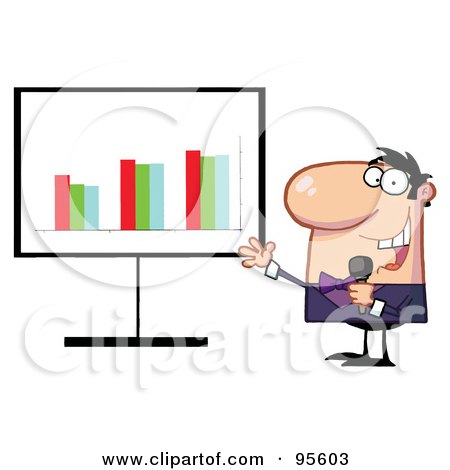 Royalty-Free (RF) Clipart Illustration of a Friendly Talk Show Host Man Beside A Bar Graph Board by Hit Toon