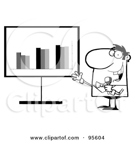 Royalty-Free (RF) Clipart Illustration of an Outlined Talk Show Host Beside A Statistics Board by Hit Toon