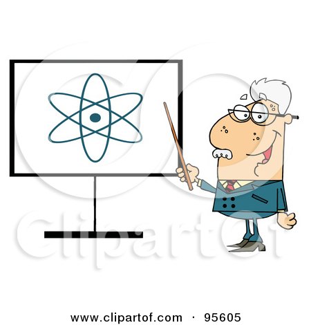 Royalty-Free (RF) Clipart Illustration of a Senior Professor Pointing To An Atom Sign by Hit Toon
