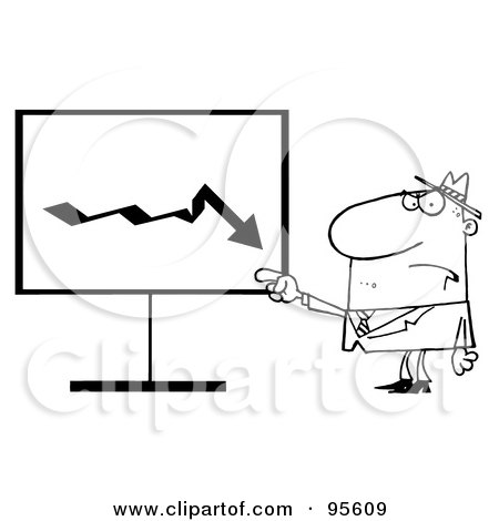 Royalty-Free (RF) Clipart Illustration of an Outlined Grumpy Boss Pointing To A Decrease Board by Hit Toon