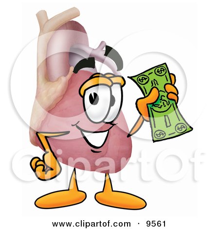 Clipart Picture of a Heart Organ Mascot Cartoon Character Holding a Dollar Bill by Mascot Junction