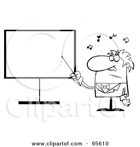 Royalty-Free (RF) Clipart Illustration of an Outlined Music Teacher Pointing To A Blank Board by Hit Toon