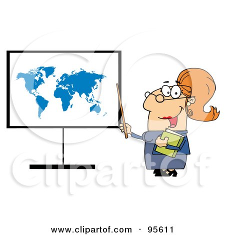 Royalty-Free (RF) Clipart Illustration of a Happy Female Teacher Pointing To A Map Board by Hit Toon