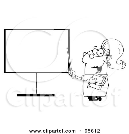 Royalty-Free (RF) Clipart Illustration of an Outlined Female Teacher Pointing To A Blank Board by Hit Toon