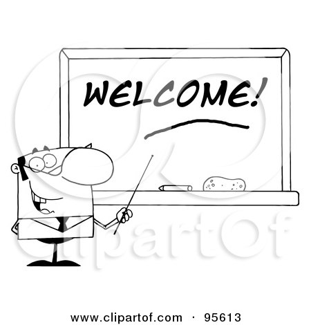 Royalty-Free (RF) Clipart Illustration of an Outlined Male School Teacher Pointing To A Welcome Chalkboard by Hit Toon