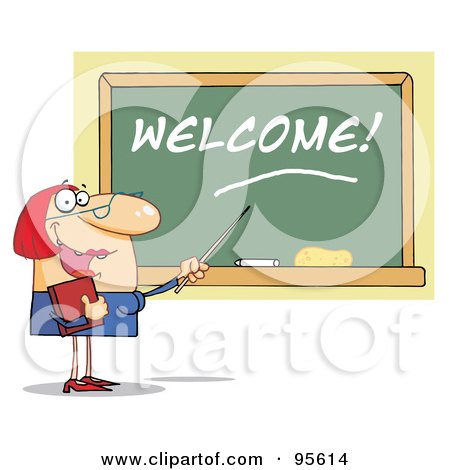 Royalty-Free (RF) Clipart Illustration of a Lady School Teacher Pointing To Welcome On A Chalk Board by Hit Toon