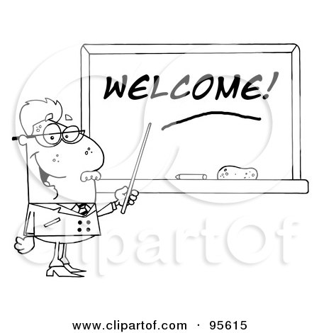 Royalty-Free (RF) Clipart Illustration of an Outlined Senior Male School Teacher Pointing To A Welcome Chalk Board by Hit Toon