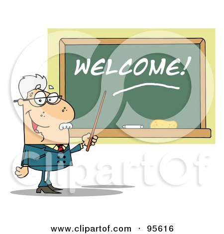 Royalty-Free (RF) Clipart Illustration of a Senior Male School Teacher Pointing To A Welcome Chalkboard by Hit Toon