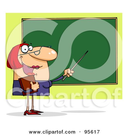 Royalty-Free (RF) Clipart Illustration of a Friendly Female Teacher Pointing To A Chalkboard by Hit Toon