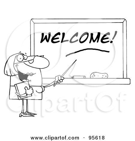 Royalty-Free (RF) Clipart Illustration of an Outlined Lady School Teacher Pointing To Welcome On A Chalkboard by Hit Toon
