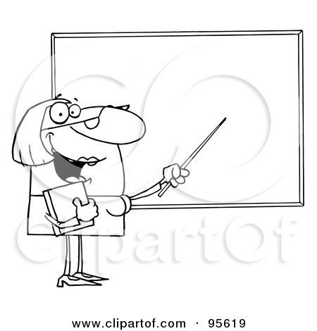 Royalty-Free (RF) Clipart Illustration of an Outlined Female Teacher Pointing To A Blank Chalkboard by Hit Toon