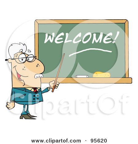 Royalty-Free (RF) Clipart Illustration of a Senior Male School Teacher Pointing To A Welcome Chalk Board by Hit Toon