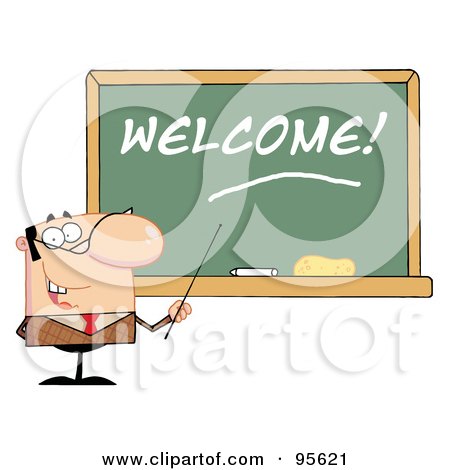 Royalty-Free (RF) Clipart Illustration of a Male School Teacher Pointing To A Welcome Chalkboard by Hit Toon