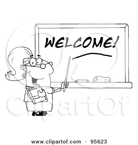 Royalty-Free (RF) Clipart Illustration of an Outlined Female School Teacher Pointing To Welcome On A Chalkboard by Hit Toon
