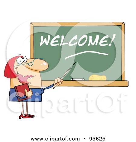 Royalty-Free (RF) Clipart Illustration of a Lady School Teacher Pointing To Welcome On A Chalkboard by Hit Toon
