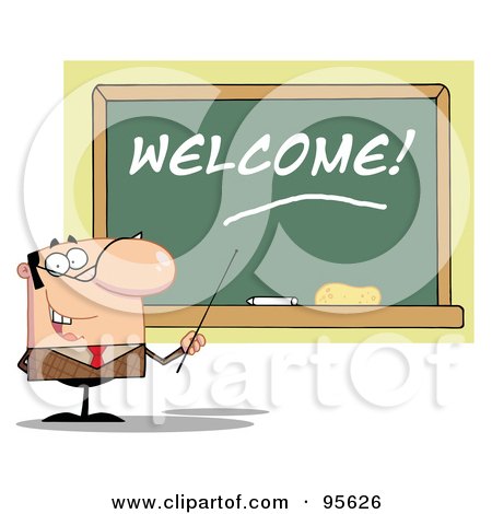 Royalty-Free (RF) Clipart Illustration of a Male School Teacher Pointing To A Welcome Chalk Board by Hit Toon