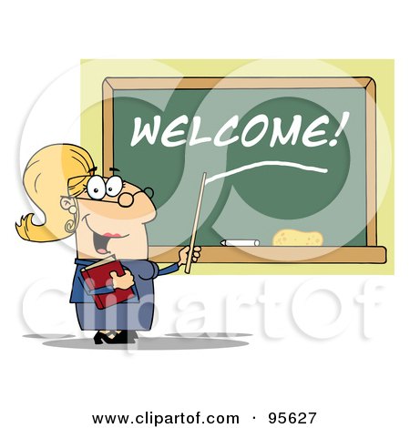 Royalty-Free (RF) Clipart Illustration of a Blond Lady School Teacher Pointing To Welcome On A Chalkboard by Hit Toon