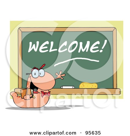 Royalty-Free (RF) Clipart Illustration of a Student Bookworm By A Welcome Class Room Chalkboard by Hit Toon