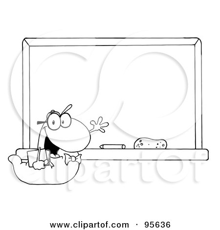 Royalty-Free (RF) Clipart Illustration of an Outlined Student Bookworm By A Classroom Chalkboard by Hit Toon