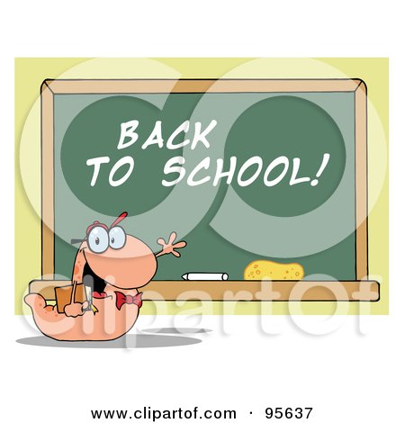 Royalty-Free (RF) Clipart Illustration of a Student Bookworm By A Back To School Class Room Chalk Board by Hit Toon