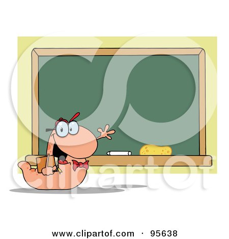 Royalty-Free (RF) Clipart Illustration of a Student Bookworm By A Class Room Chalk Board by Hit Toon