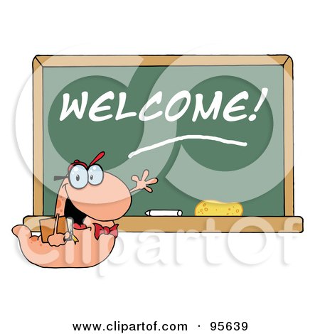 Royalty-Free (RF) Clipart Illustration of a Student Bookworm By A Welcome Classroom Chalkboard by Hit Toon