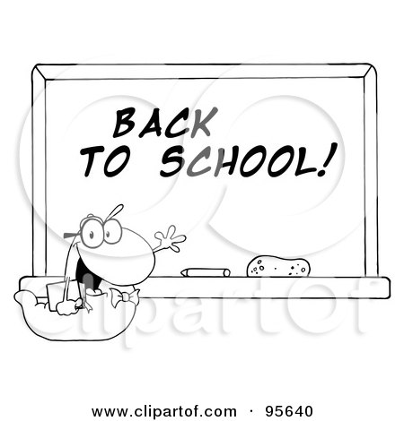 Royalty-Free (RF) Clipart Illustration of an Outlined Student Bookworm By A Back To School Classroom Chalkboard by Hit Toon