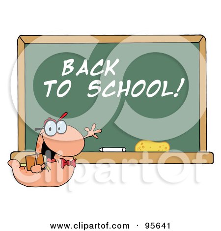 Royalty-Free (RF) Clipart Illustration of a Student Bookworm By A Back To School Classroom Chalkboard by Hit Toon