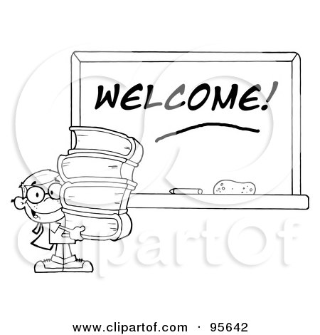 Royalty-Free (RF) Clipart Illustration of an Outlined School Boy Carrying Books By A Welcome Chalk Board by Hit Toon