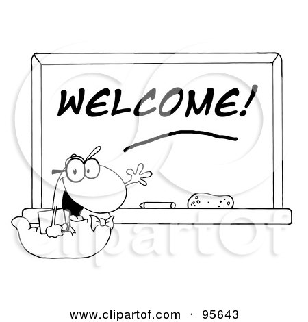 Royalty-Free (RF) Clipart Illustration of an Outlined Student Bookworm By A Welcome Classroom Chalkboard by Hit Toon