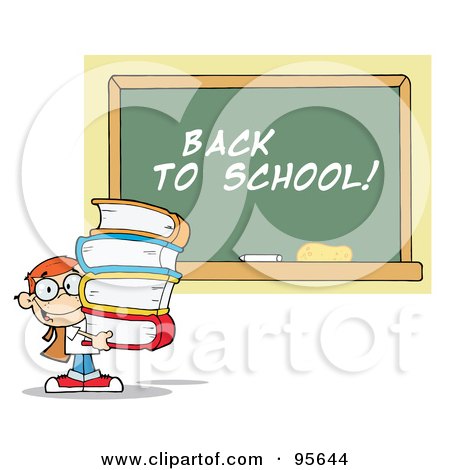 Royalty-Free (RF) Clipart Illustration of a School Boy Carrying Text Books By A Back To School Chalk Board by Hit Toon