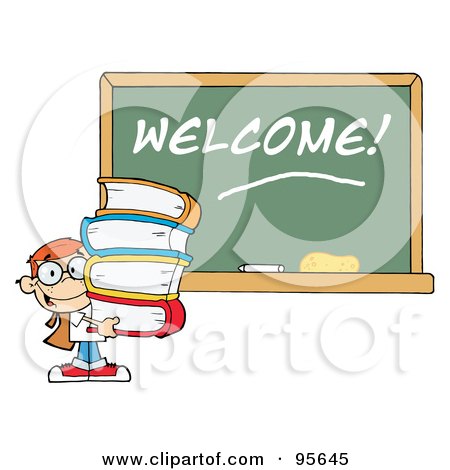Royalty-Free (RF) Clipart Illustration of a School Boy Carrying Books By A Welcome Chalk Board by Hit Toon