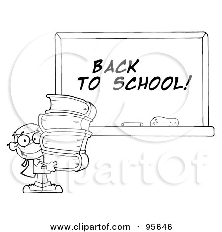 Royalty-Free (RF) Clipart Illustration of an Outlined School Boy Carrying Books By A Back To School Chalk Board by Hit Toon