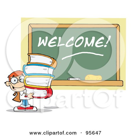 Royalty-Free (RF) Clipart Illustration of a School Boy Carrying Text Books By A Welcome Chalk Board by Hit Toon