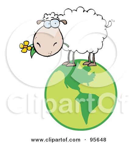 Royalty-Free (RF) Clipart Illustration of a White Sheep Standing On A Globe, Carrying A Flower In Its Mouth by Hit Toon